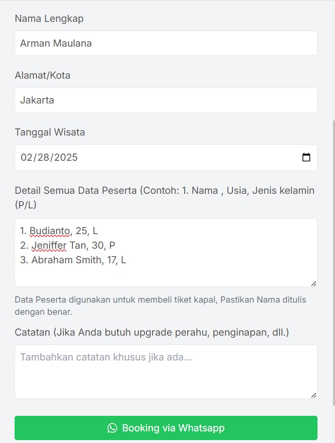 2. Isi tanggal wisata, nama peserta dan klik booking
